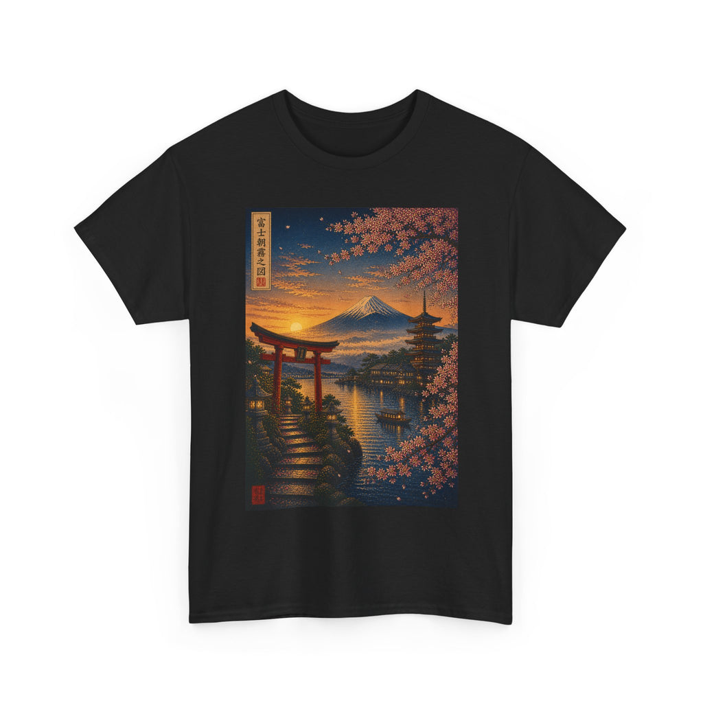 Japanese Sunset Torii T-Shirt — Cherry Blossom Mount Fuji Graphic Tee