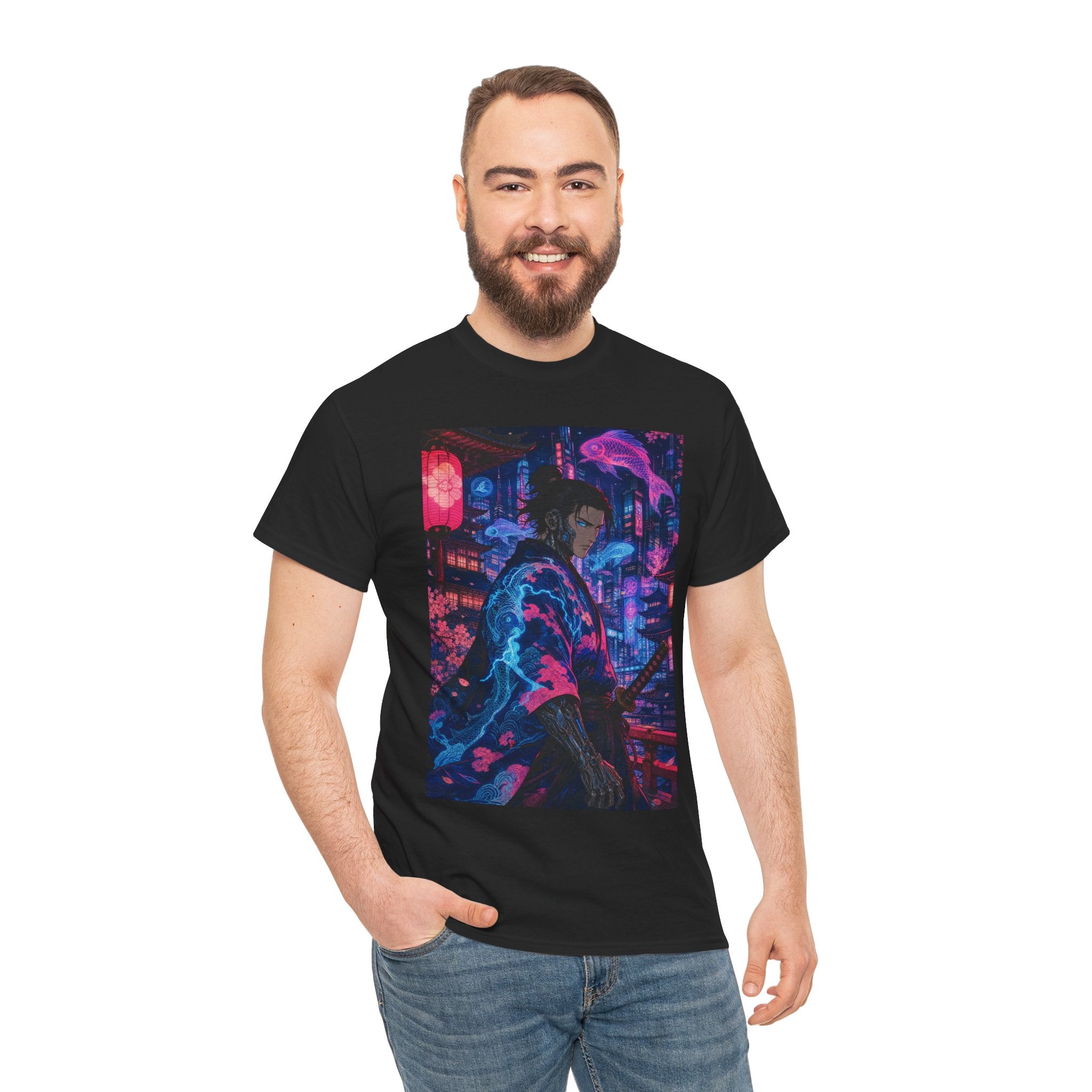 Cyberpunk Samurai T-Shirt — Neon City Nightscape Graphic Tee