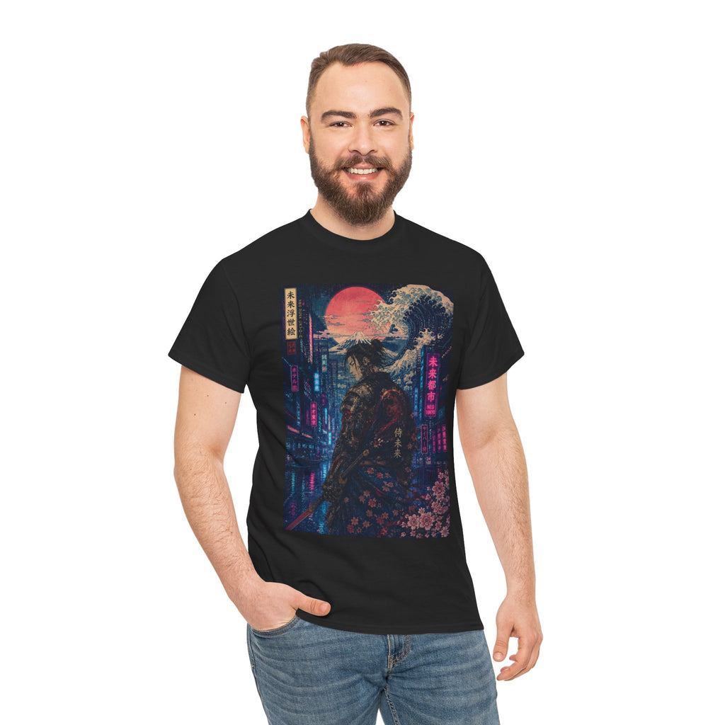 Samurai Neon City T‑Shirt — Cyberpunk Moonlit Japanese Street Graphic Tee