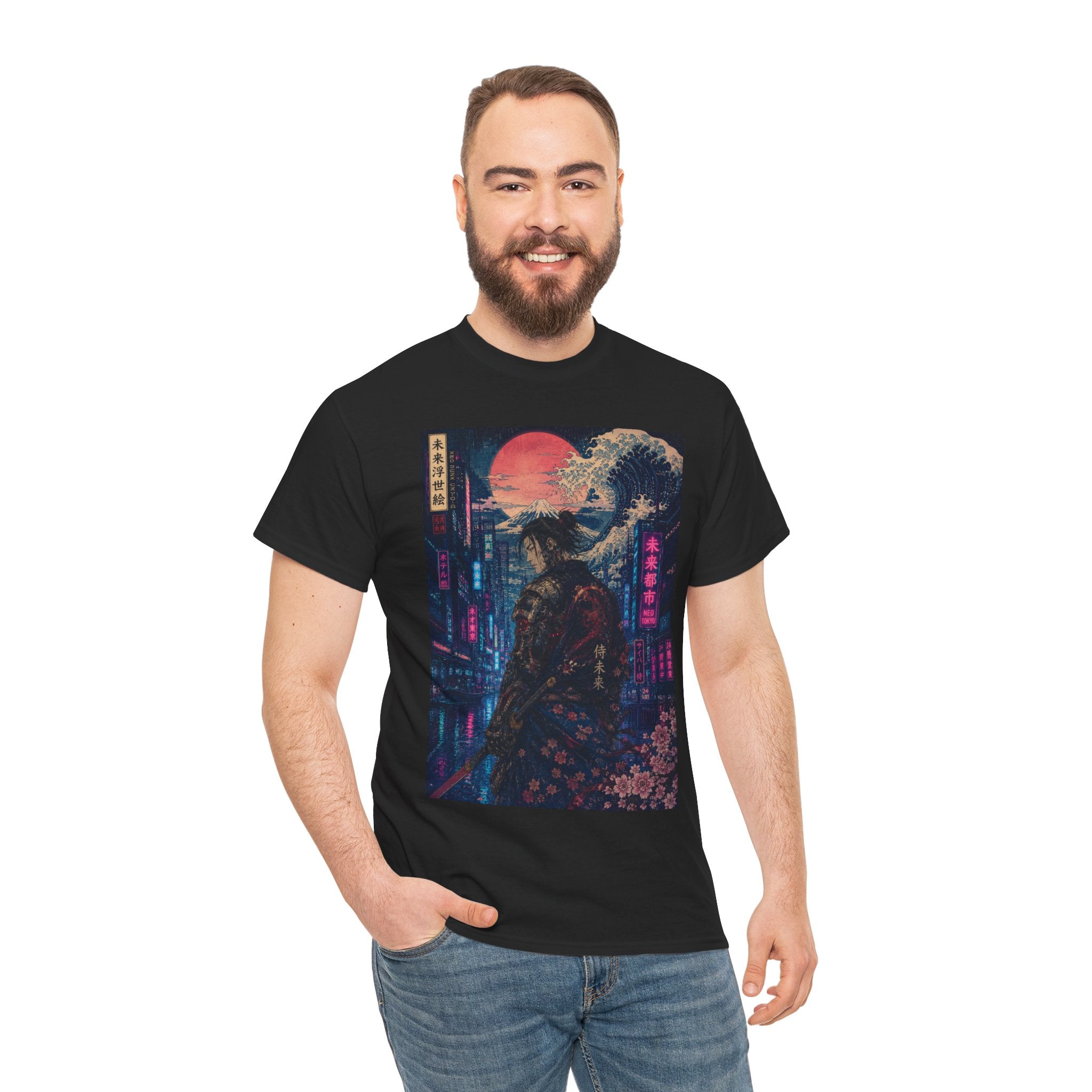 Samurai Neon City T‑Shirt — Cyberpunk Moonlit Japanese Street Graphic Tee