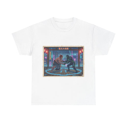 Cyberpunk Street Duel T-Shirt — Neon Samurai vs Robot Retro Arcade Tee