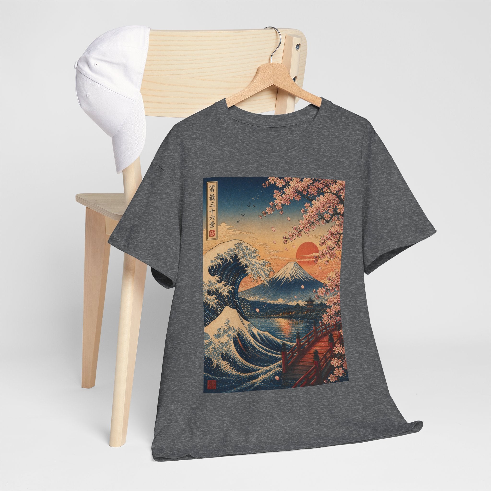 Japanese Wave & Cherry Blossom T-Shirt — Sunset Mount Fuji Graphic Tee