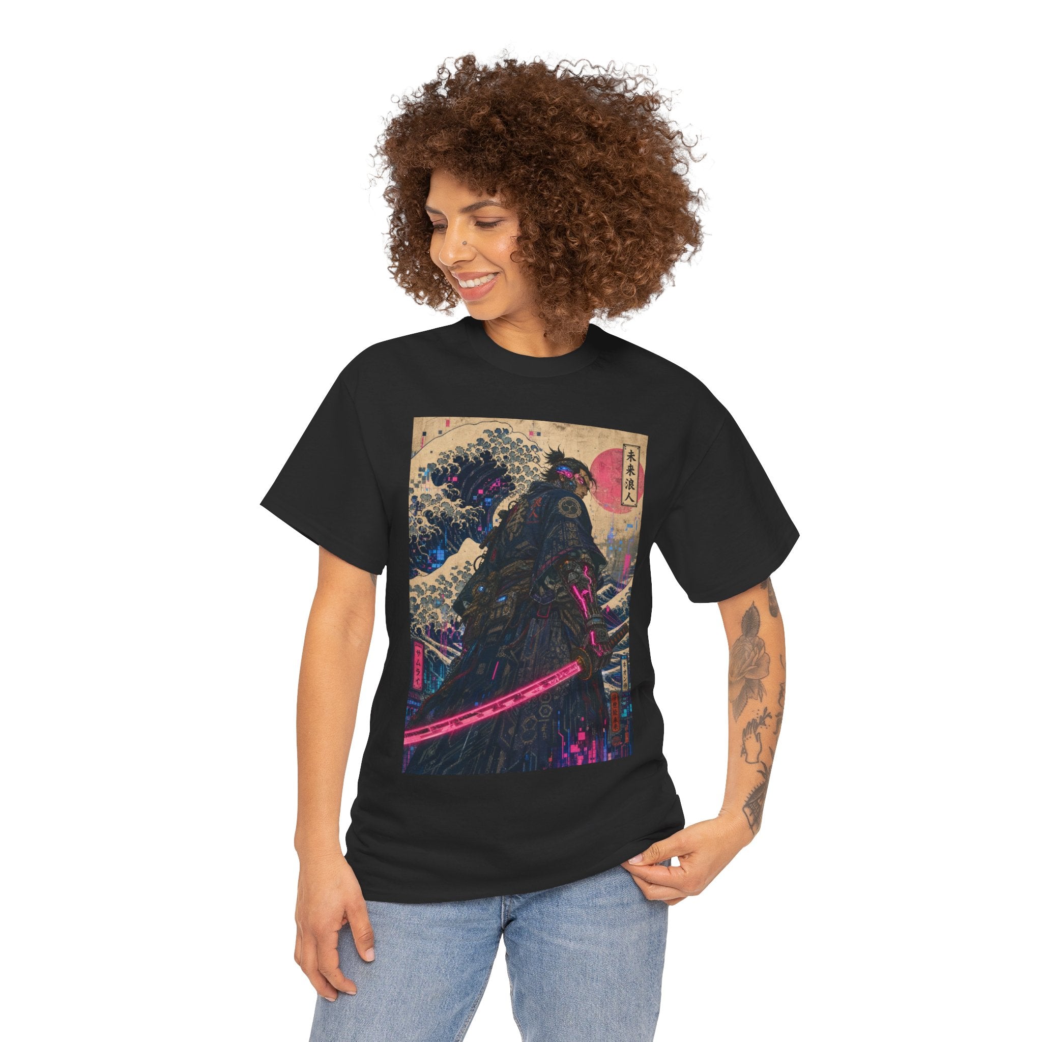 Samurai Wave T-Shirt — Neon Katana Japanese Ukiyo-e Graphic Tee - Japanese Streetwear T-Shirt | Tokyo Style X