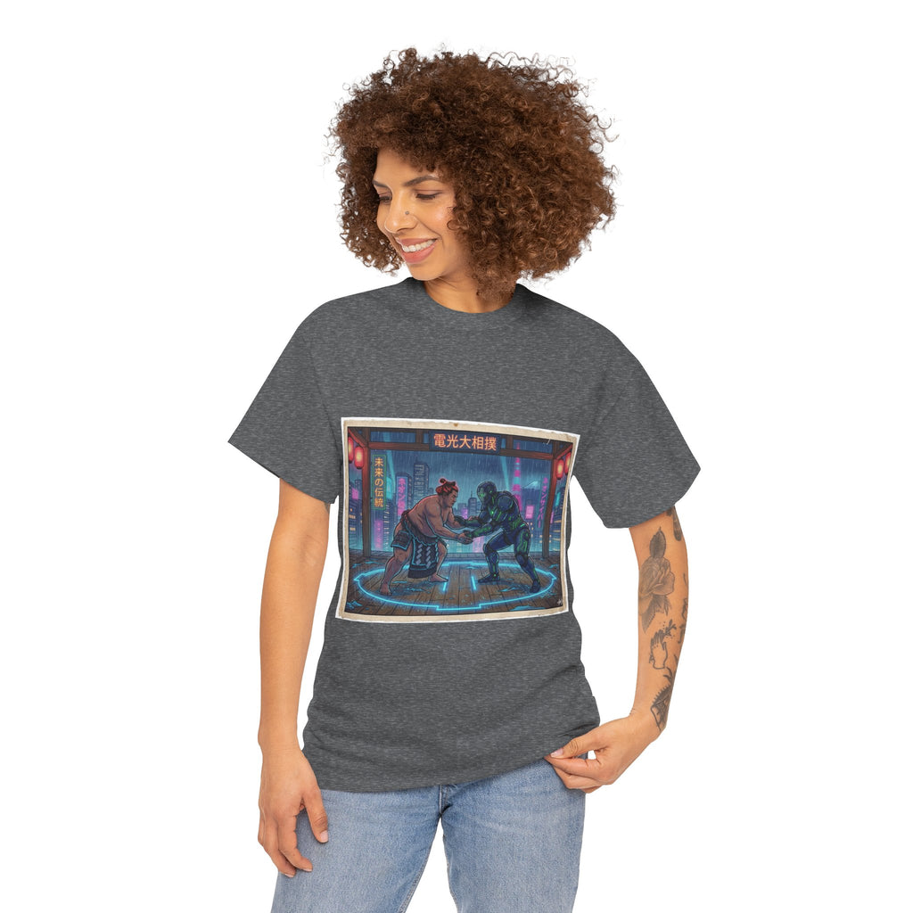 Cyberpunk Street Duel T-Shirt — Neon Samurai vs Robot Retro Arcade Tee