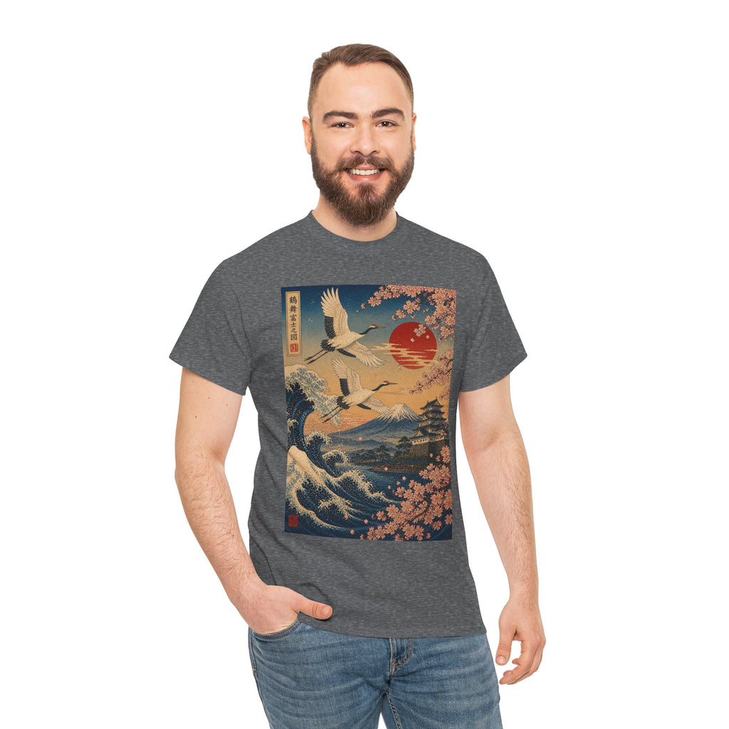 Japanese Crane Sunset T-Shirt — Vintage Wave & Cherry Blossom Graphic Tee