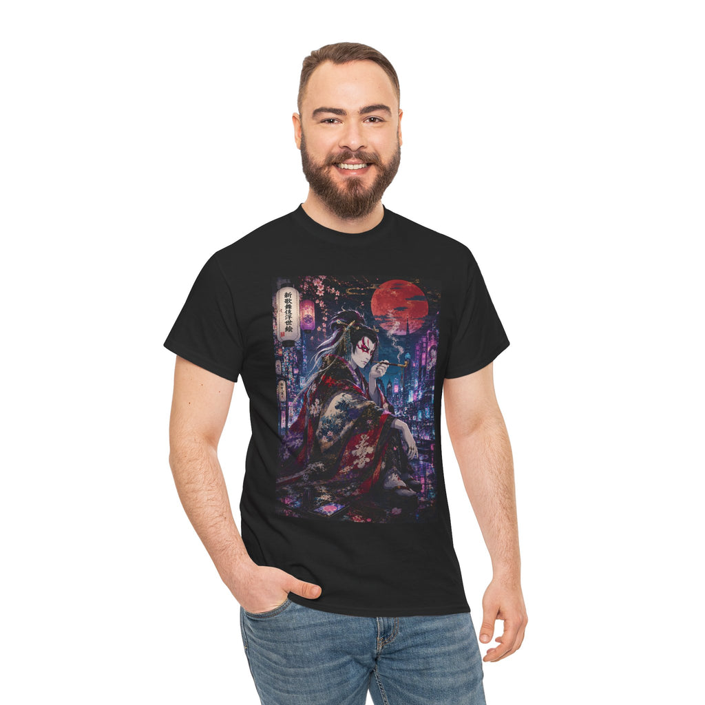 Anime Geisha Nightscape T-Shirt — Cyberpunk Kimono Art Tee