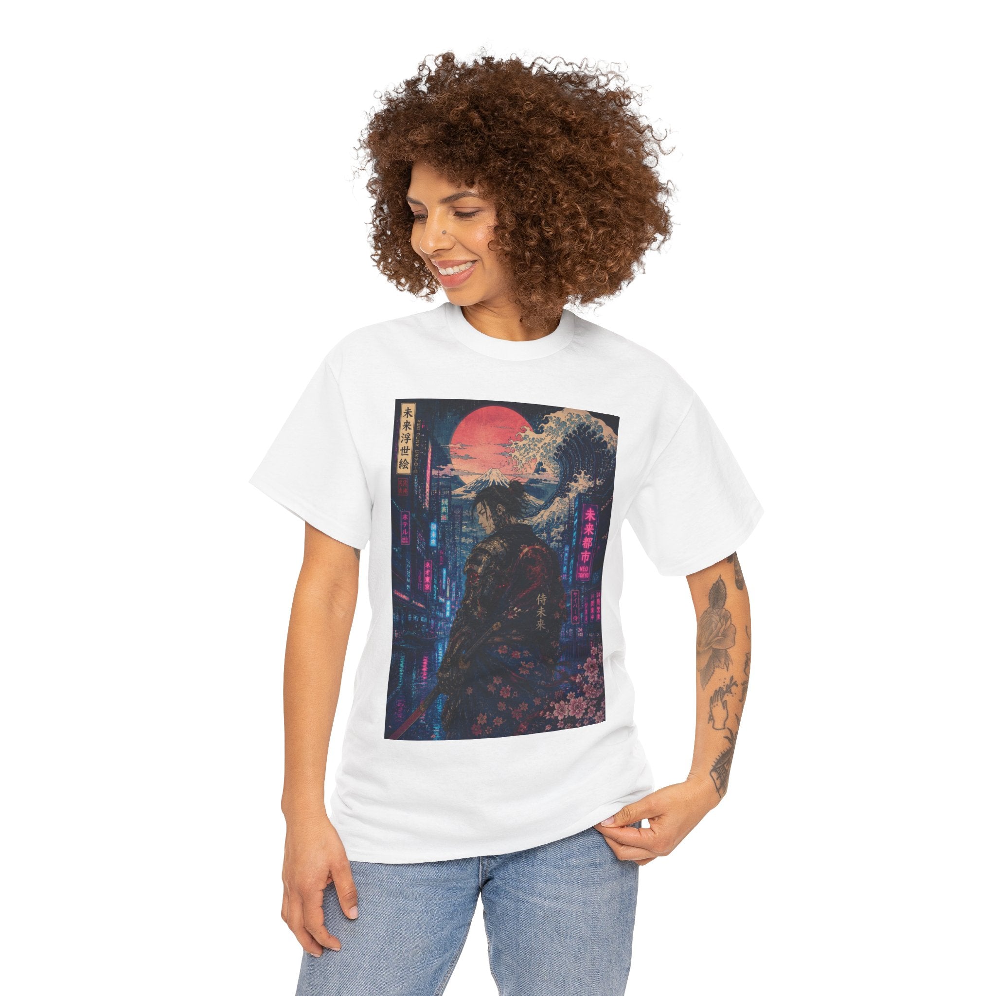 Samurai Neon City T‑Shirt — Cyberpunk Moonlit Japanese Street Graphic Tee