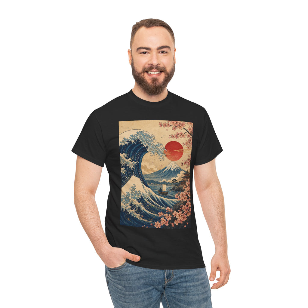 Vintage Japanese Wave Tee — Sakura Sunset Hokusai-Inspired Graphic Shirt