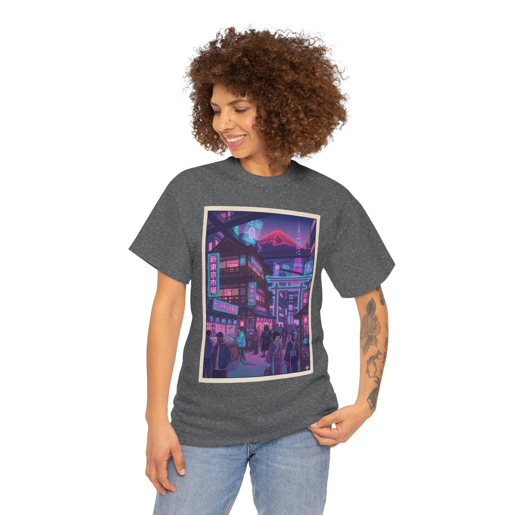 Retro Neon Cityscape Tee — Cyberpunk Night Street Graphic Shirt