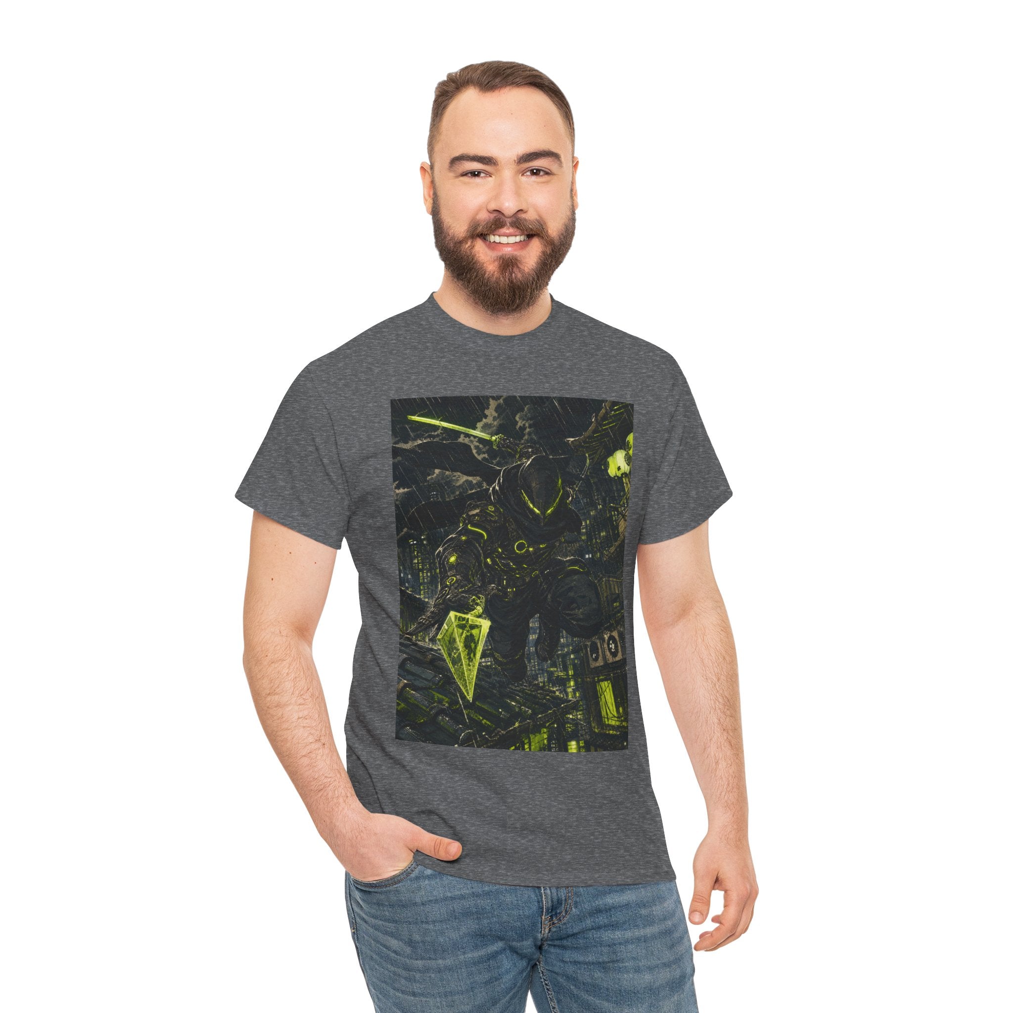 Neon Cyberpunk Graphic Tee — Dark Futuristic Cityscape Design