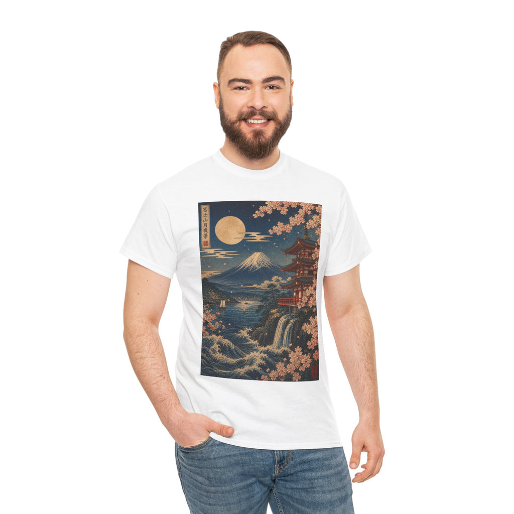 Japanese Landscape T-Shirt — Mount Fuji, Cherry Blossoms & Moon Graphic