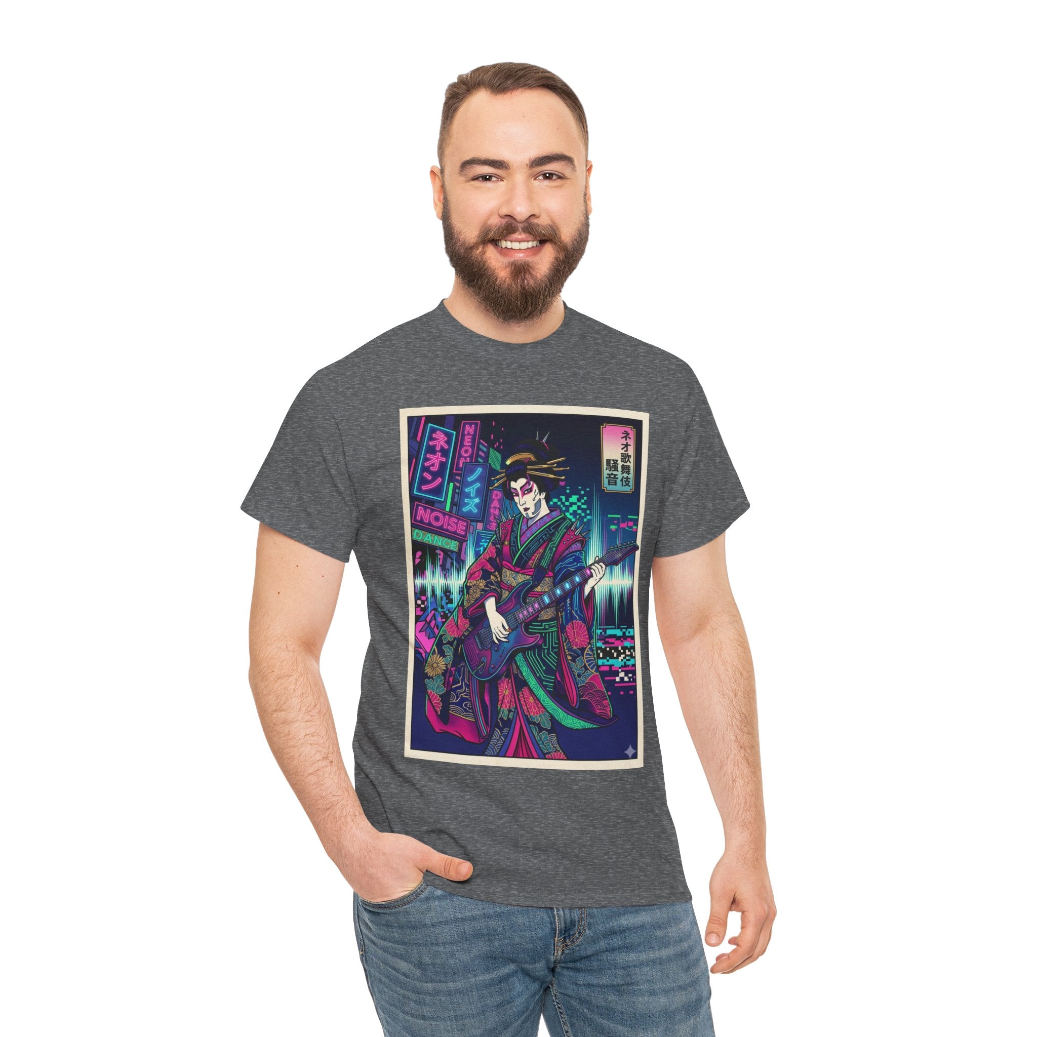 Geisha Guitar Tee — Neon Cyberpunk Japanese Rock T-Shirt