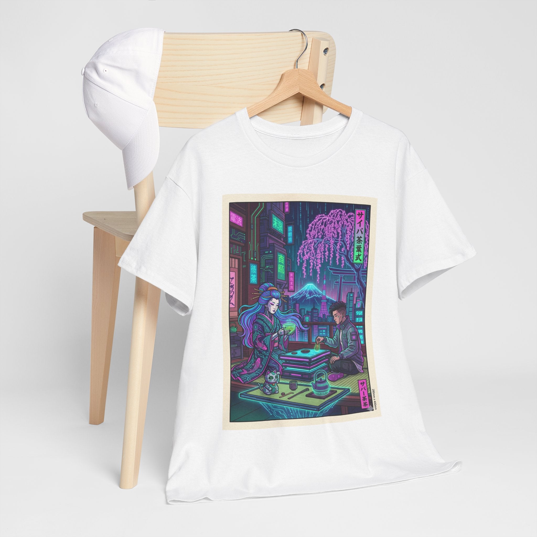 Cyberpunk Tea House Graphic Tee — Neon Retro Japanese-Style Street Scene