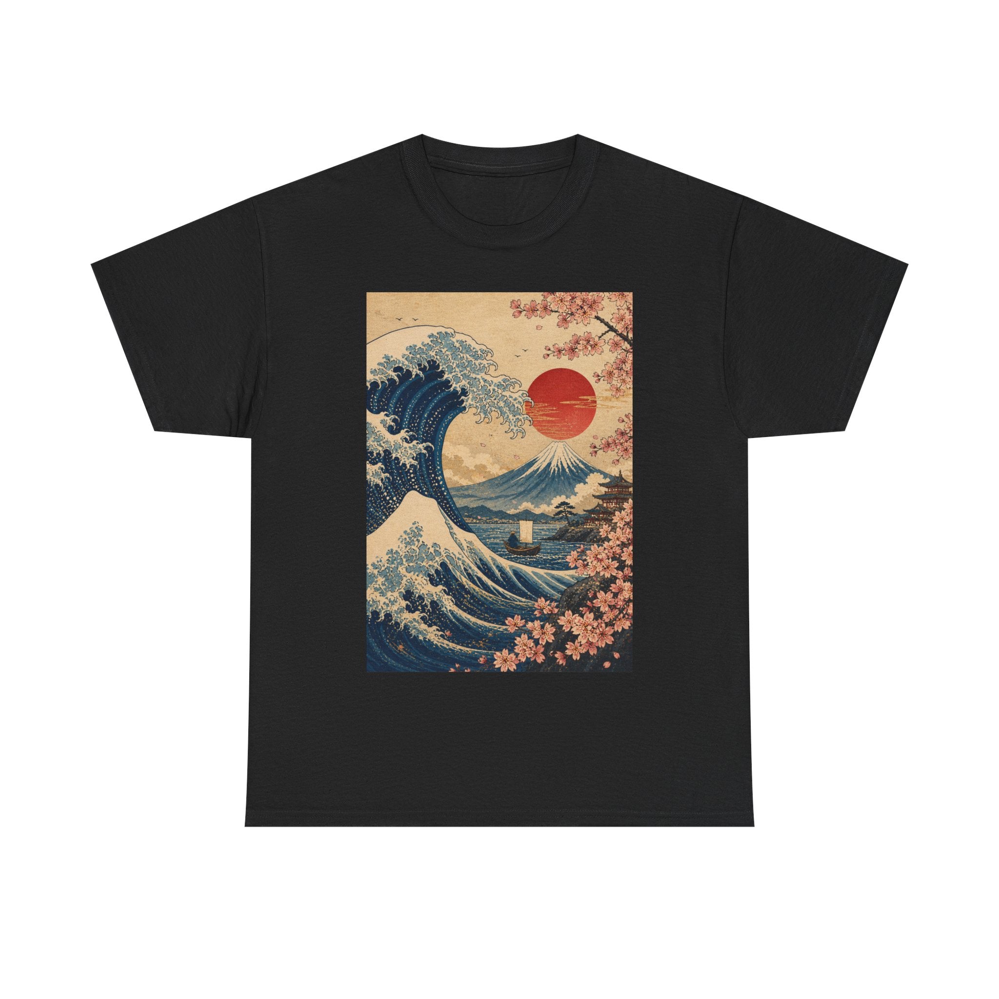 Vintage Japanese Wave Tee — Sakura Sunset Hokusai-Inspired Graphic Shirt