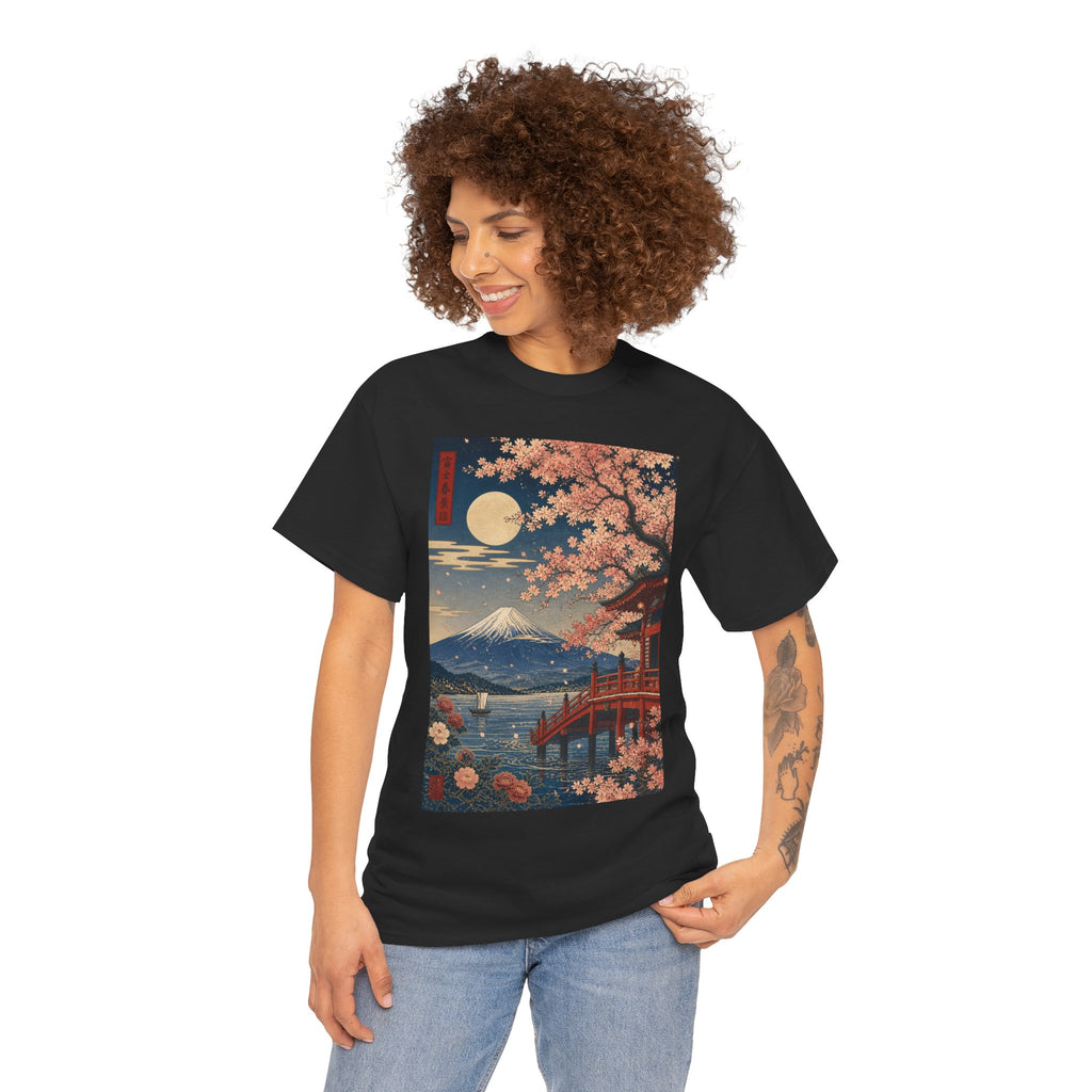 Japanese Cherry Blossom Scenic Tee — Mt. Fuji Sunset Print