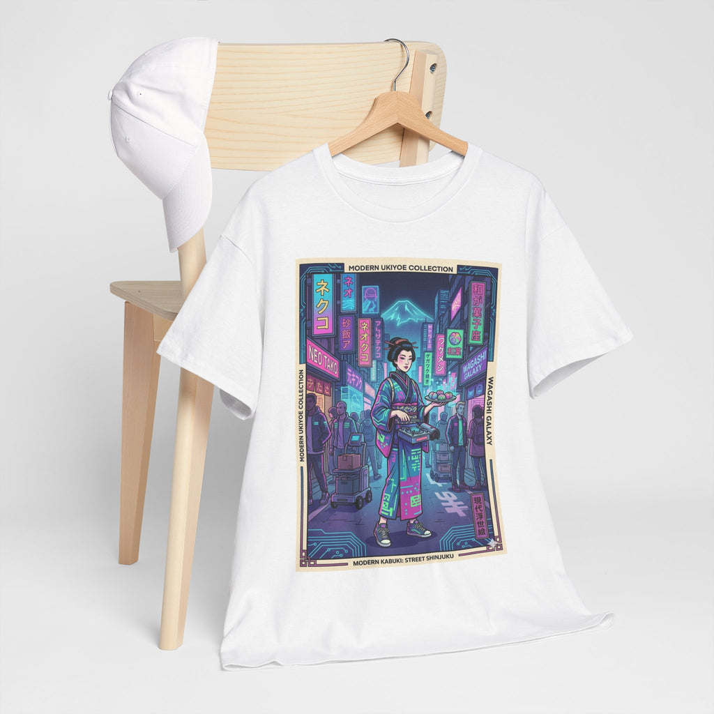 Cyber Geisha Streetwear T‑Shirt — Neon Tokyo Nightscape Graphic Tee