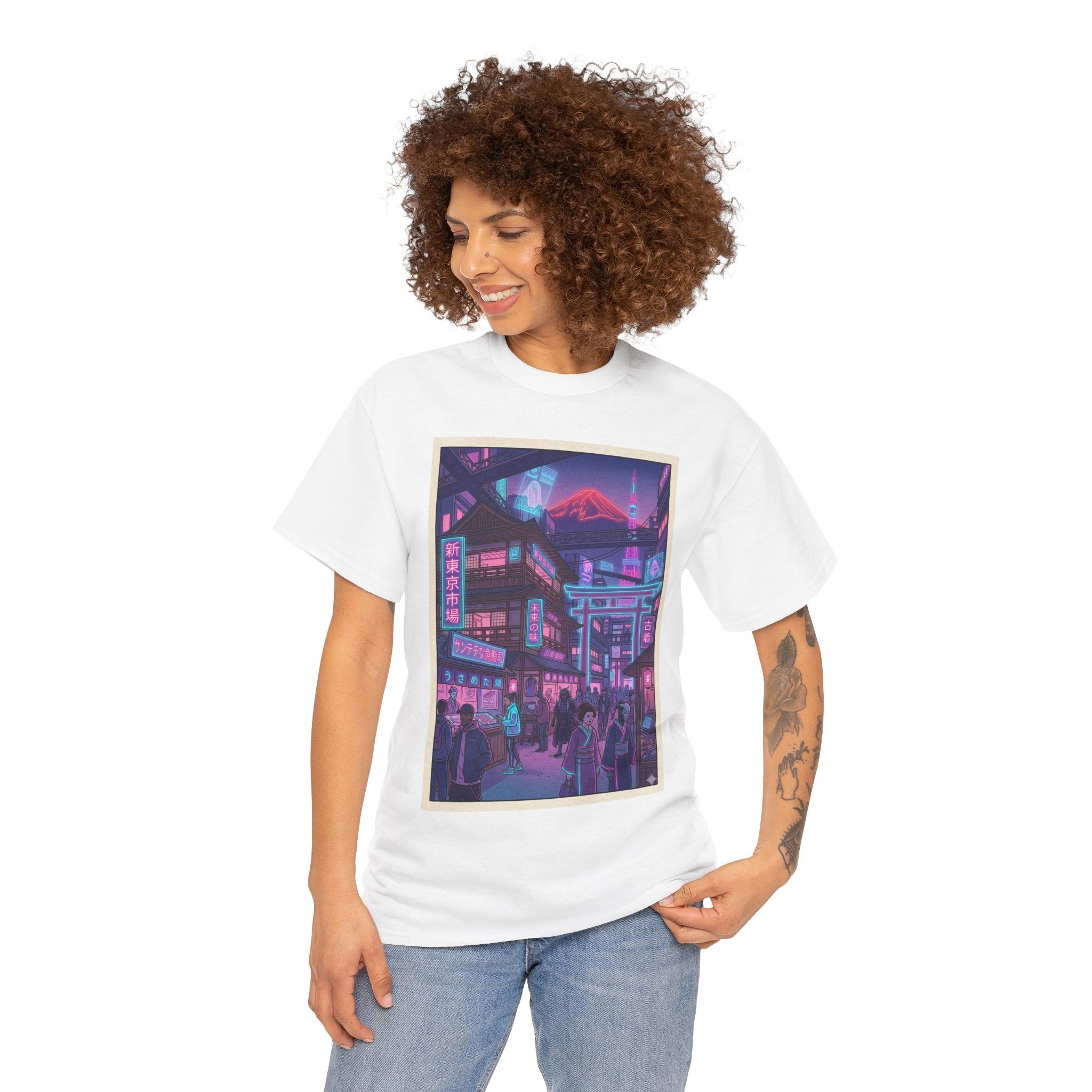 Retro Neon Cityscape Tee — Cyberpunk Night Street Graphic Shirt