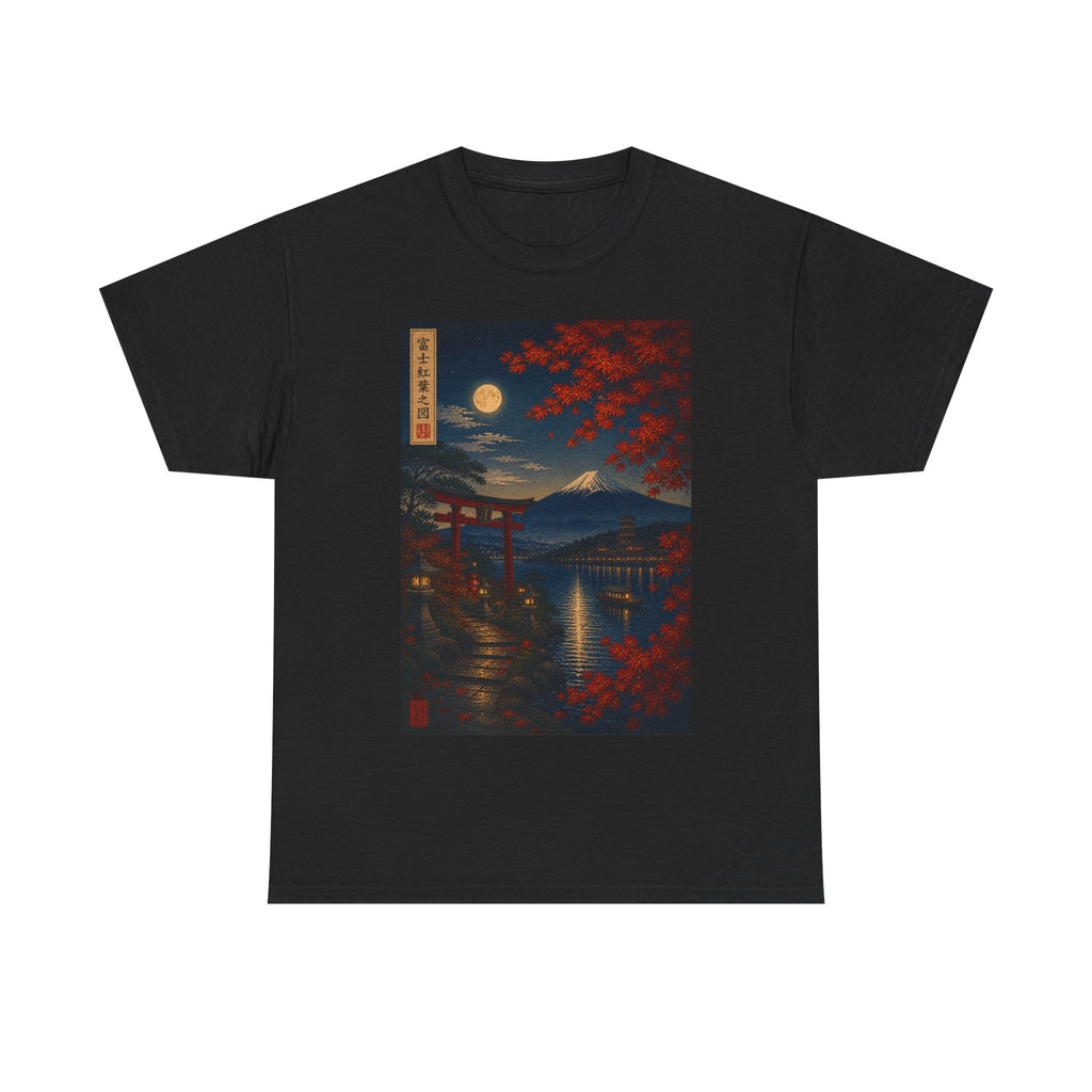 Japanese Nightscape Tee — Moonlit Torii & Autumn Maple Graphic T-Shirt