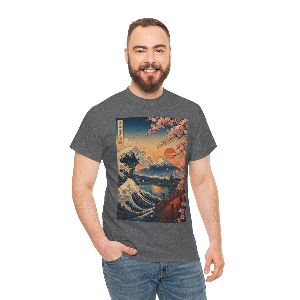 Japanese Wave & Cherry Blossom T-Shirt — Sunset Mount Fuji Graphic Tee