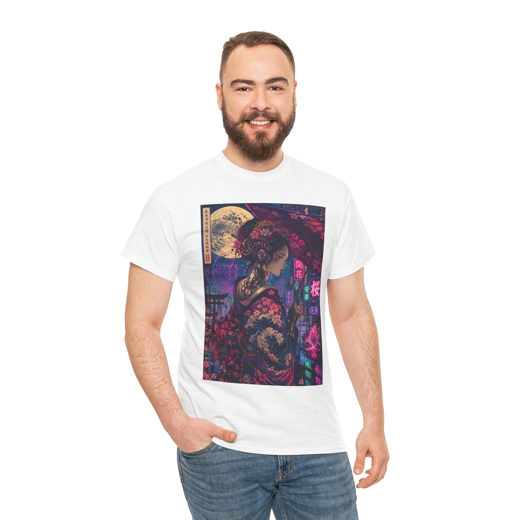 Geisha Neon Nights T-Shirt — Moonlit Sakura Cyberpunk Art Tee - Japanese Streetwear T-Shirt | Tokyo Style X