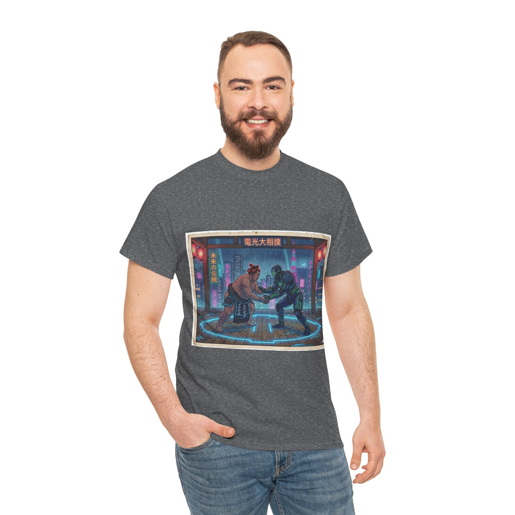 Cyberpunk Street Duel T-Shirt — Neon Samurai vs Robot Retro Arcade Tee