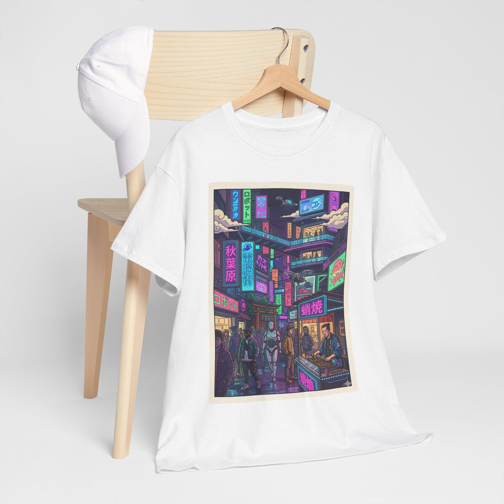 Cyberpunk City Streets Graphic Tee — Neon Night Market Illustration