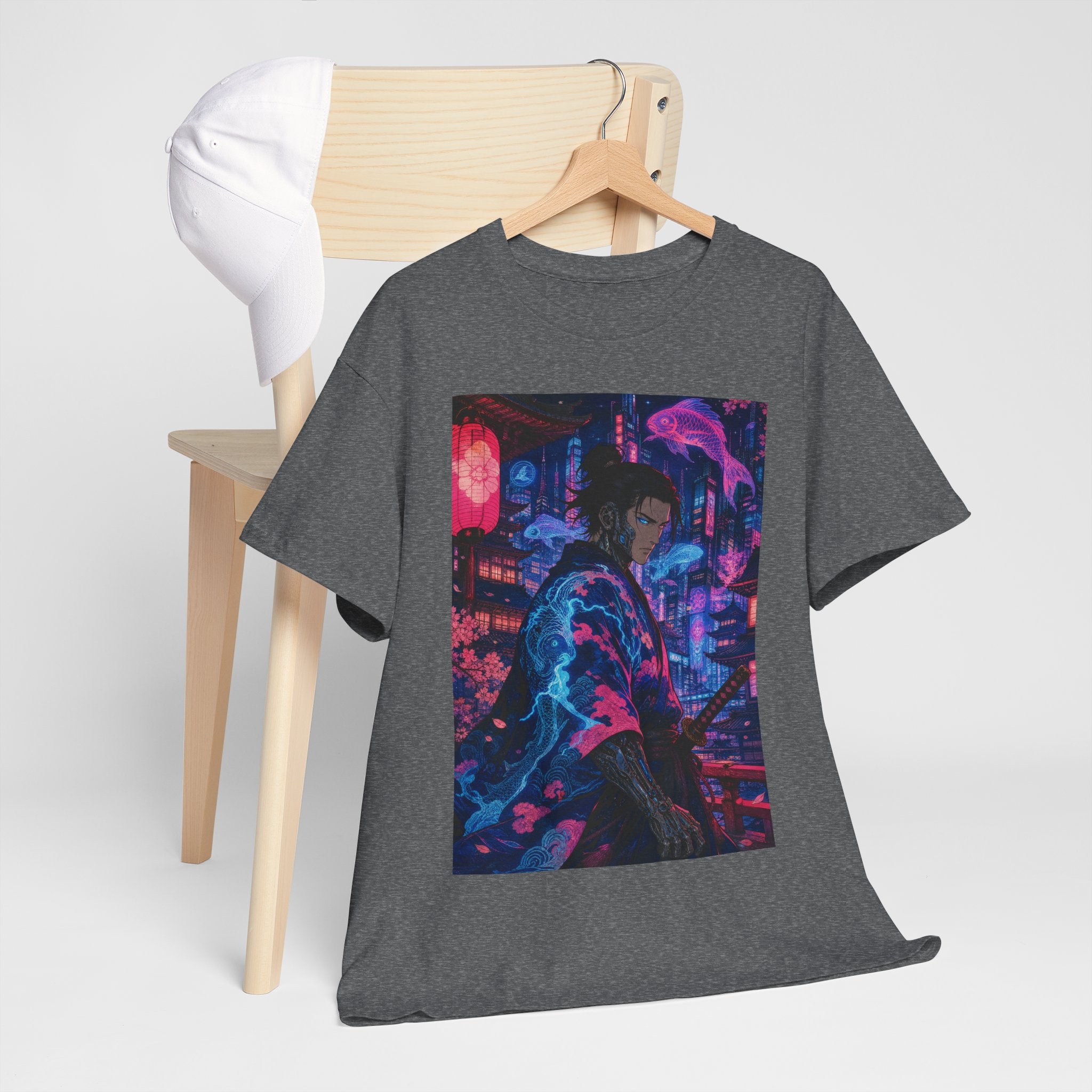 Cyberpunk Samurai T-Shirt — Neon City Nightscape Graphic Tee