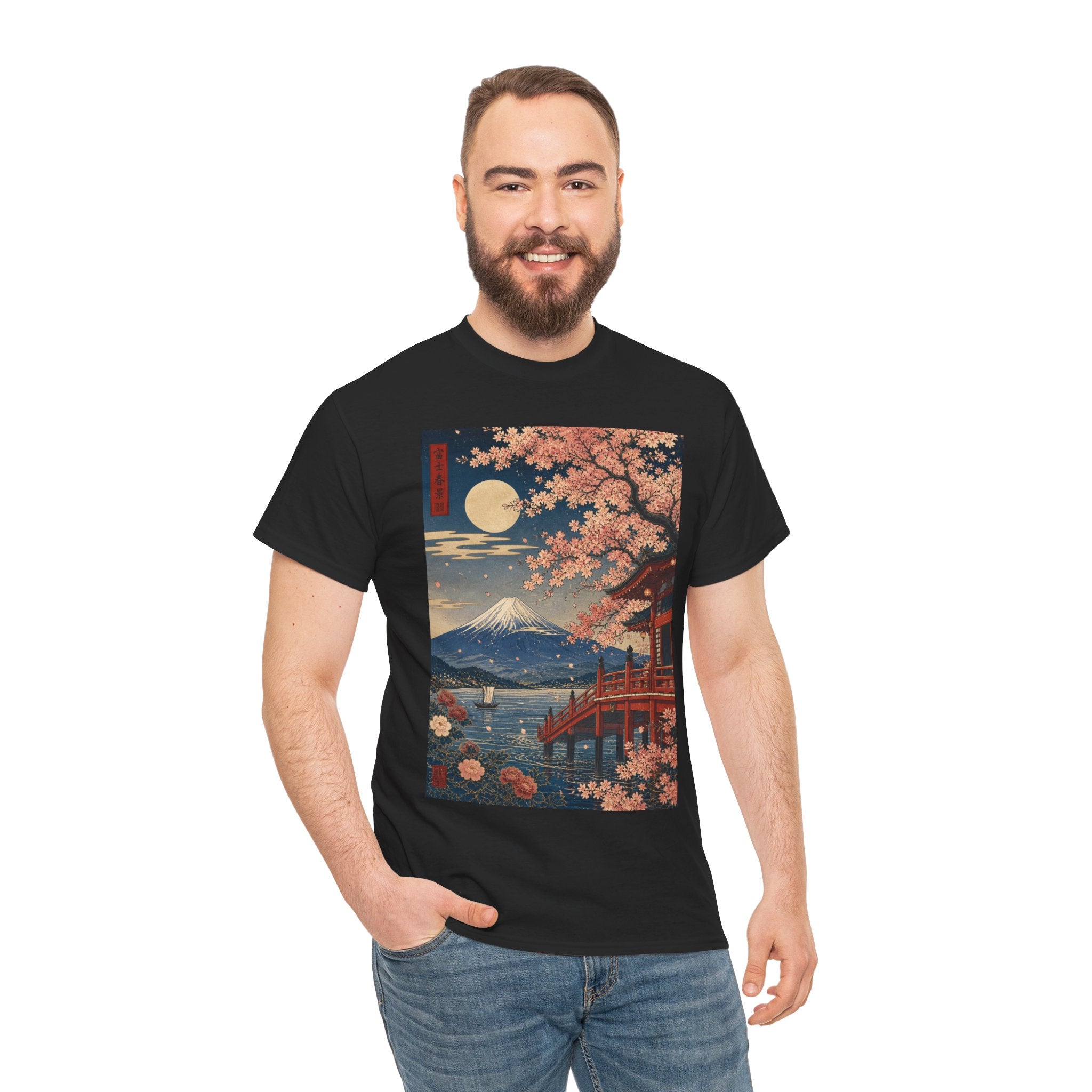 Japanese Cherry Blossom Scenic Tee — Mt. Fuji Sunset Print
