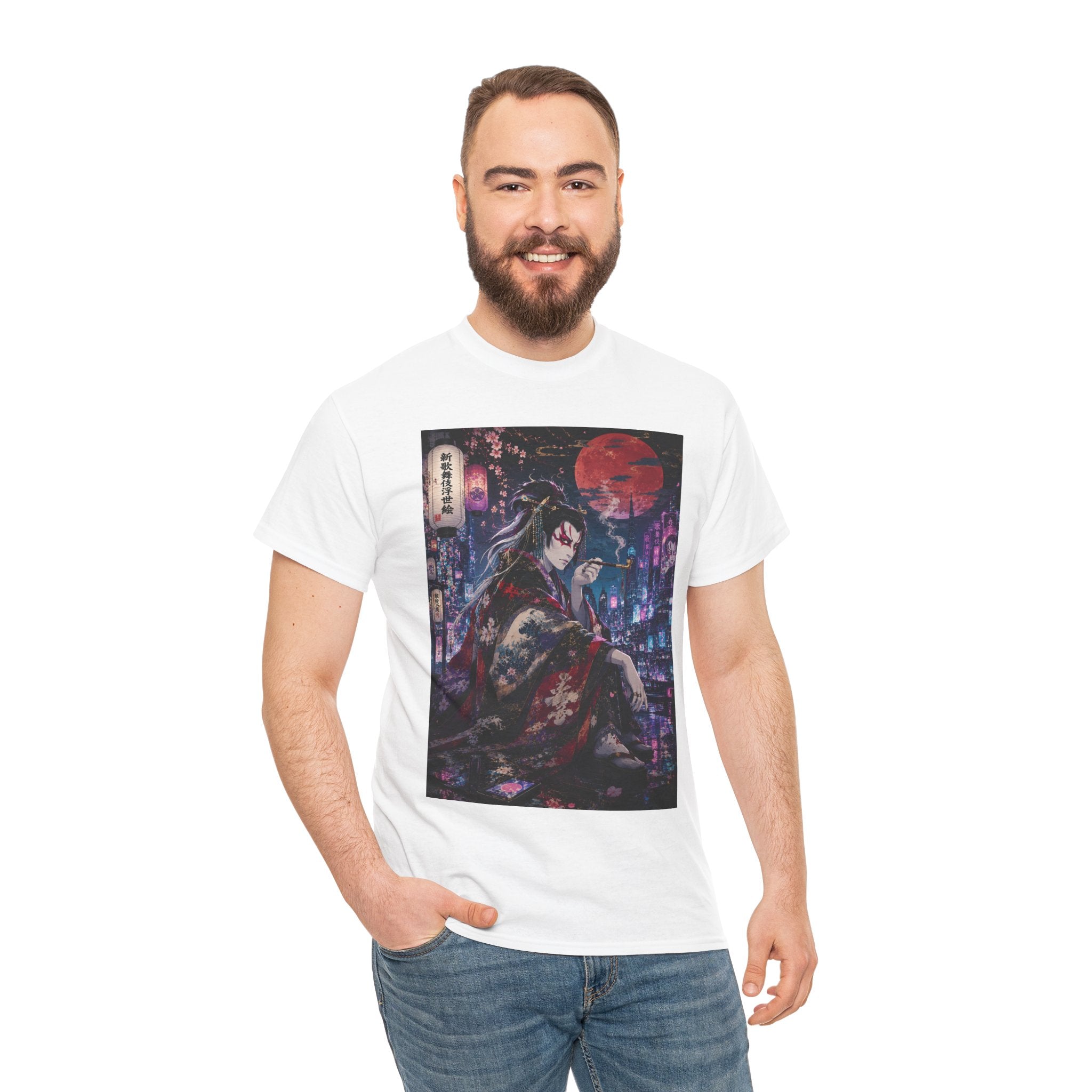 Anime Geisha Nightscape T-Shirt — Cyberpunk Kimono Art Tee